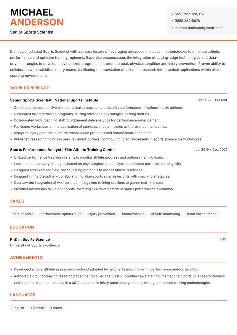 Lead Sports Scientist Resume Template