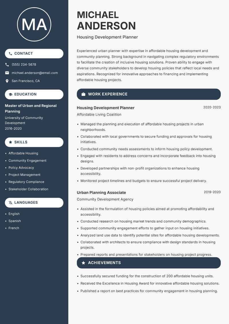 Lead Urban Planner Resume Preview Example