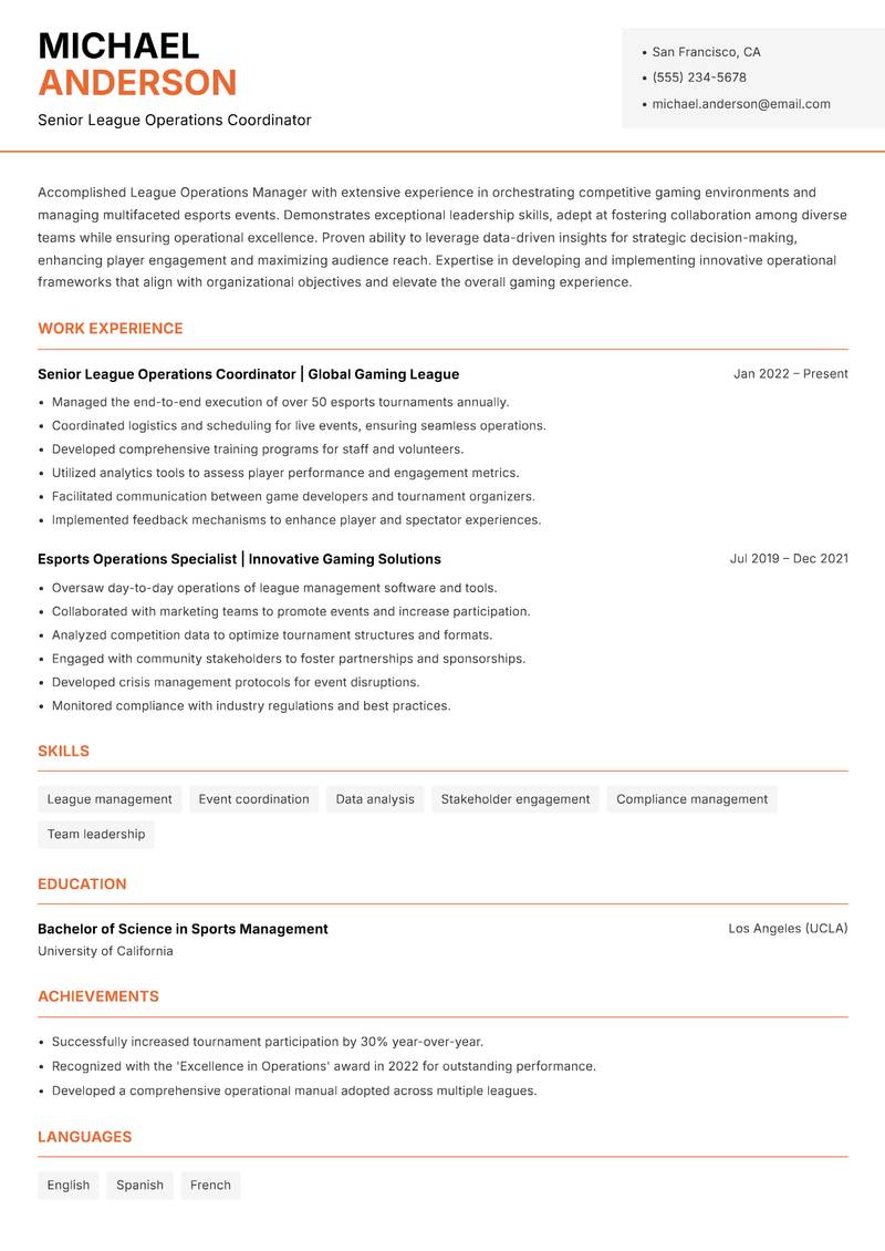 League Operations Manager Resume Template