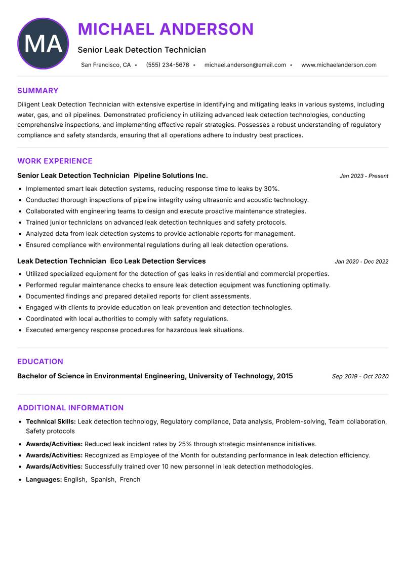 Leak Detection Technician Resume Preview Example