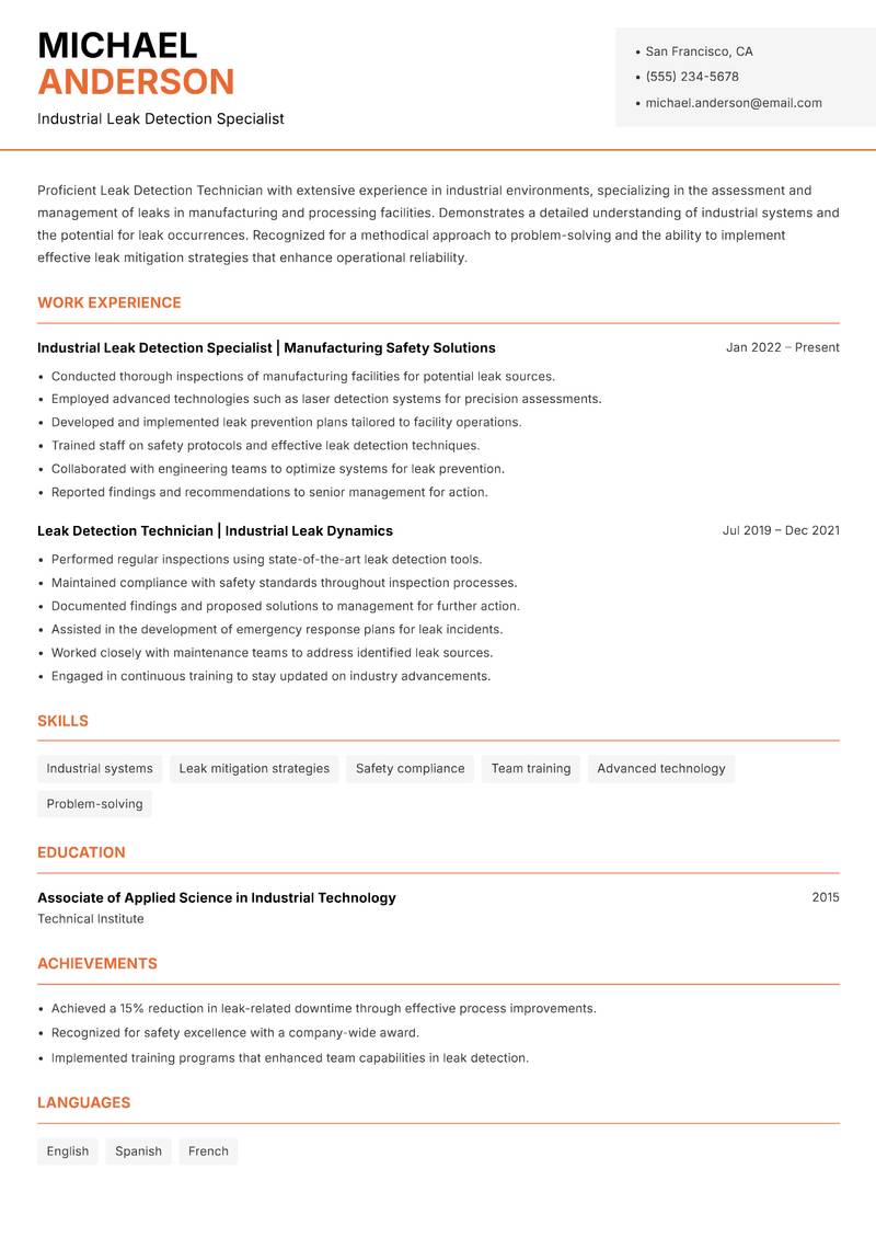 Leak Detection Technician Resume Template