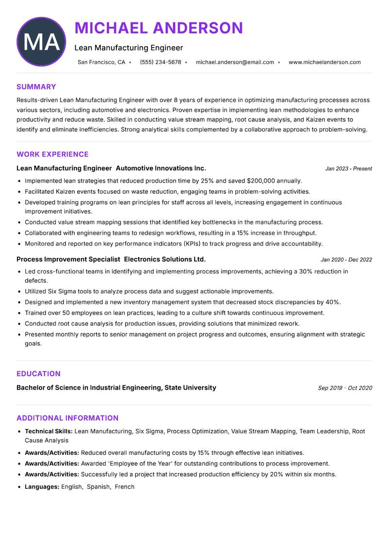 Lean Manufacturing Engineer Resume Preview Example