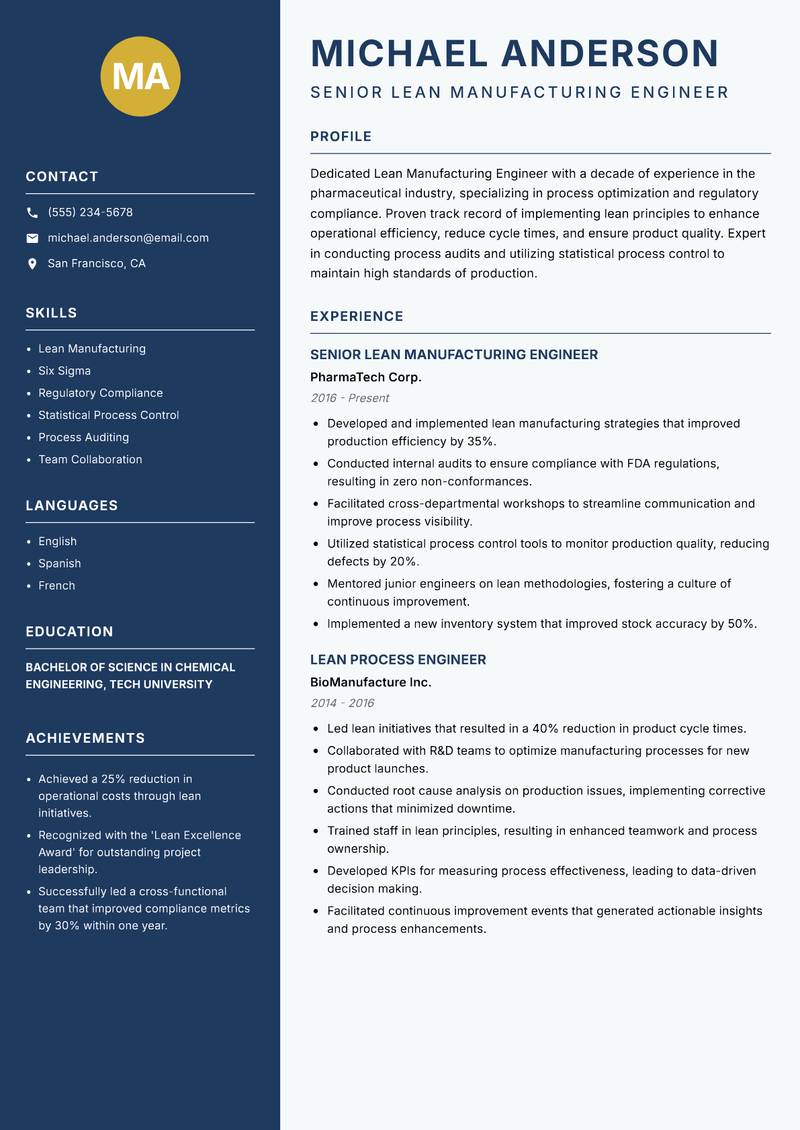 Lean Manufacturing Engineer Resume Preview Example