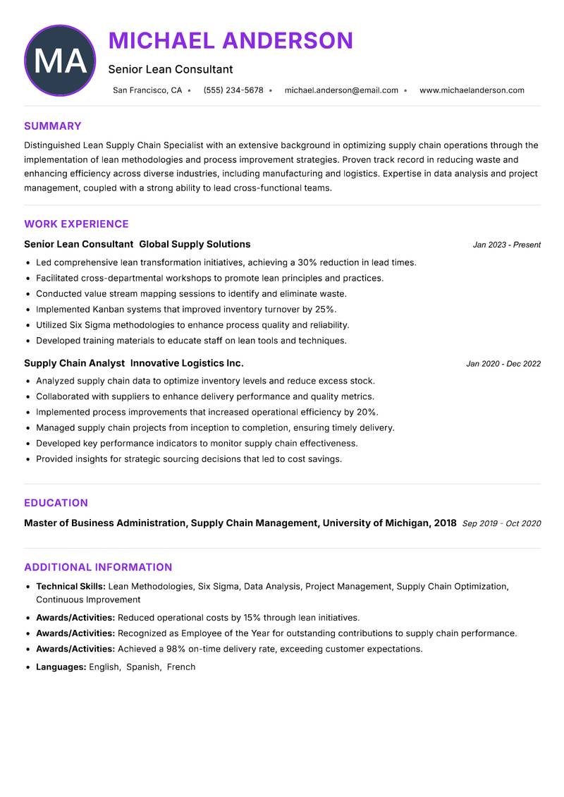 Lean Supply Chain Specialist Resume Preview Example