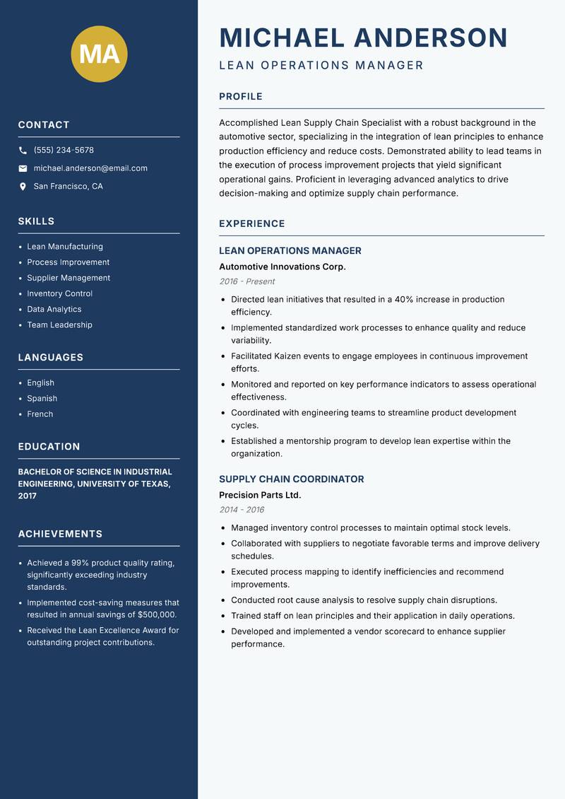 Lean Supply Chain Specialist Resume Preview Example