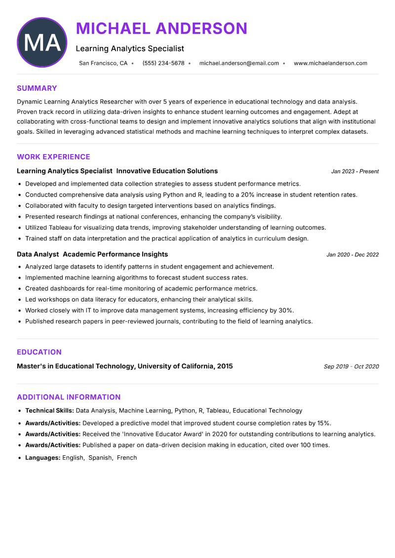 Learning Analytics Researcher Resume Preview Example