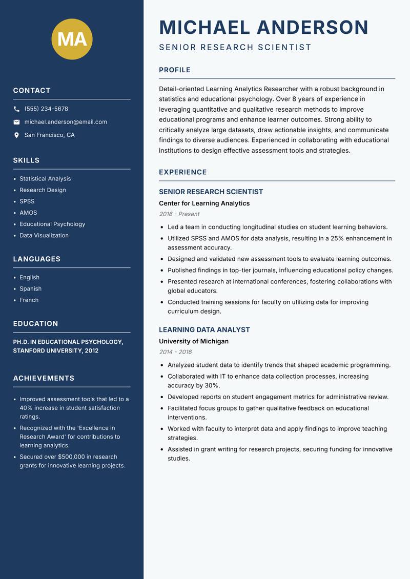 Learning Analytics Researcher Resume Preview Example