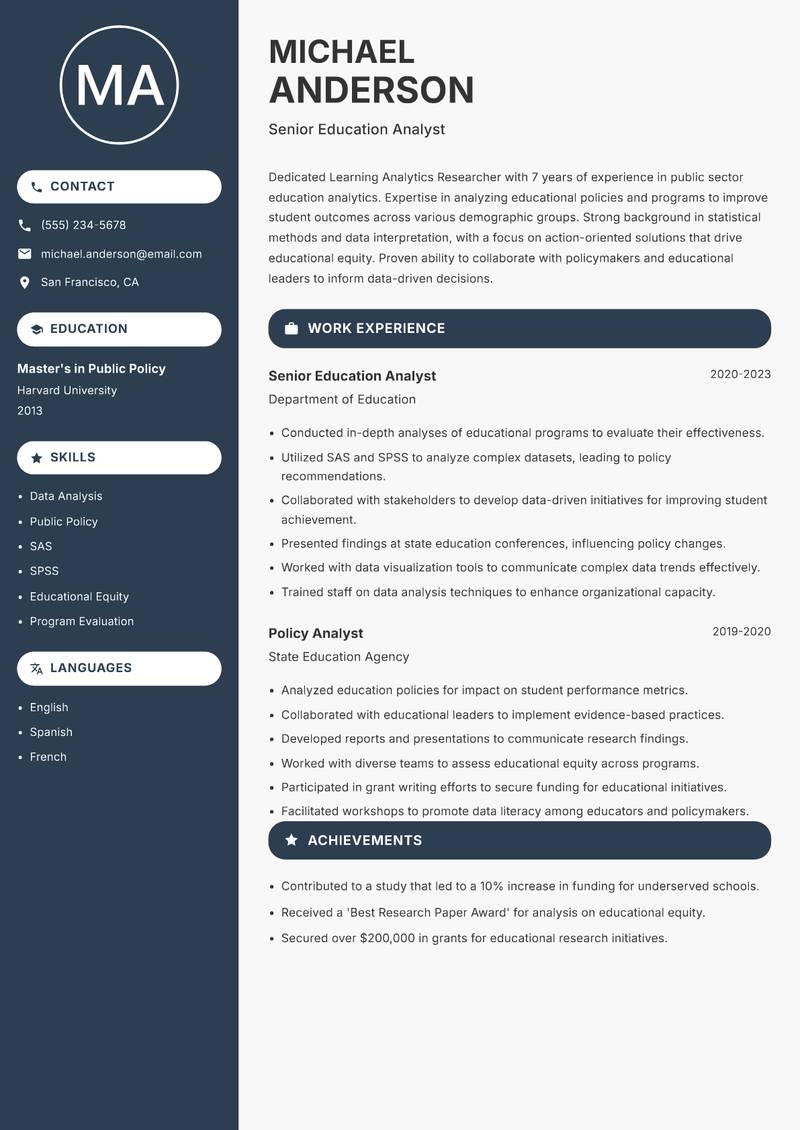 Learning Analytics Researcher Resume Preview Example