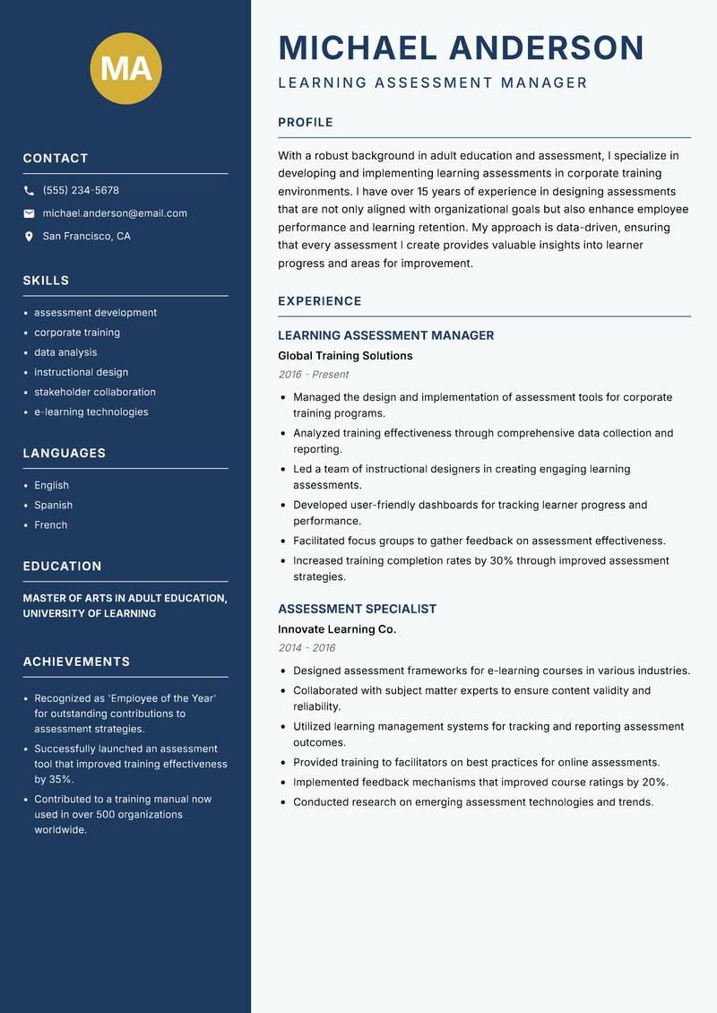 Learning Assessment Specialist Resume Preview Example