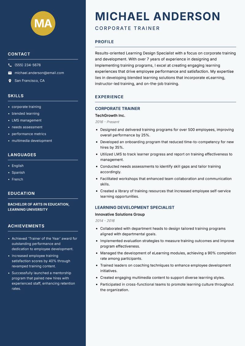 Learning Design Specialist Resume Preview Example