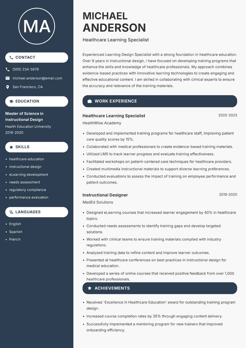 Learning Design Specialist Resume Preview Example