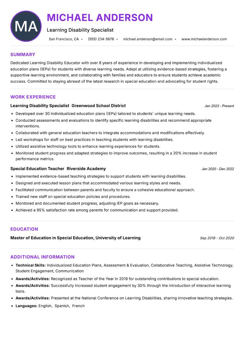 Learning Disability Educator Resume Preview Example