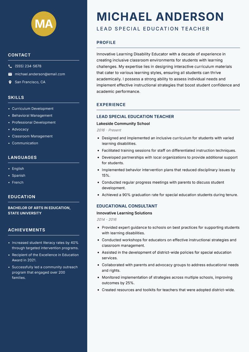 Learning Disability Educator Resume Preview Example