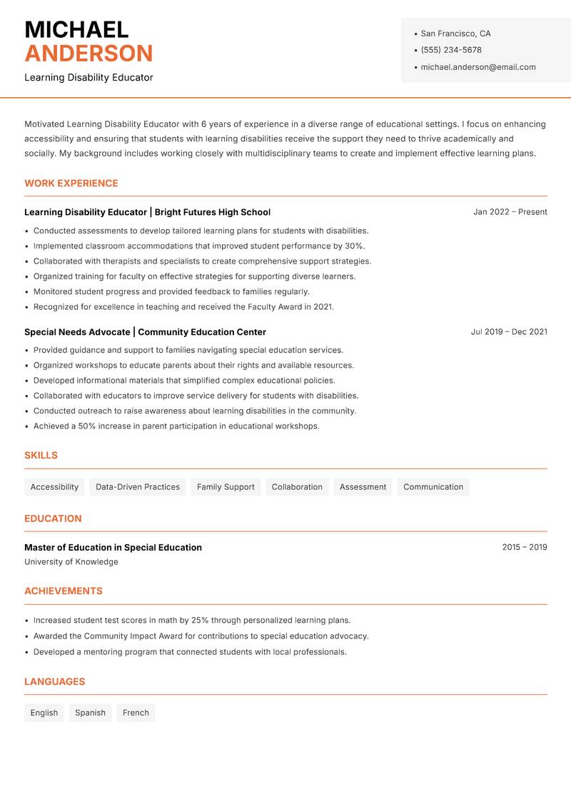 Learning Disability Educator Resume Template