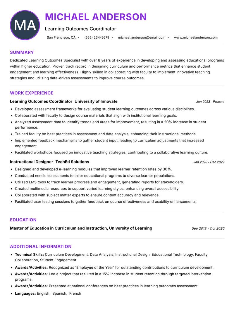 Learning Outcomes Specialist Resume Preview Example