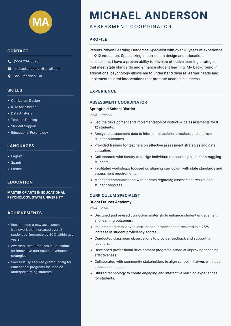 Learning Outcomes Specialist Resume Preview Example
