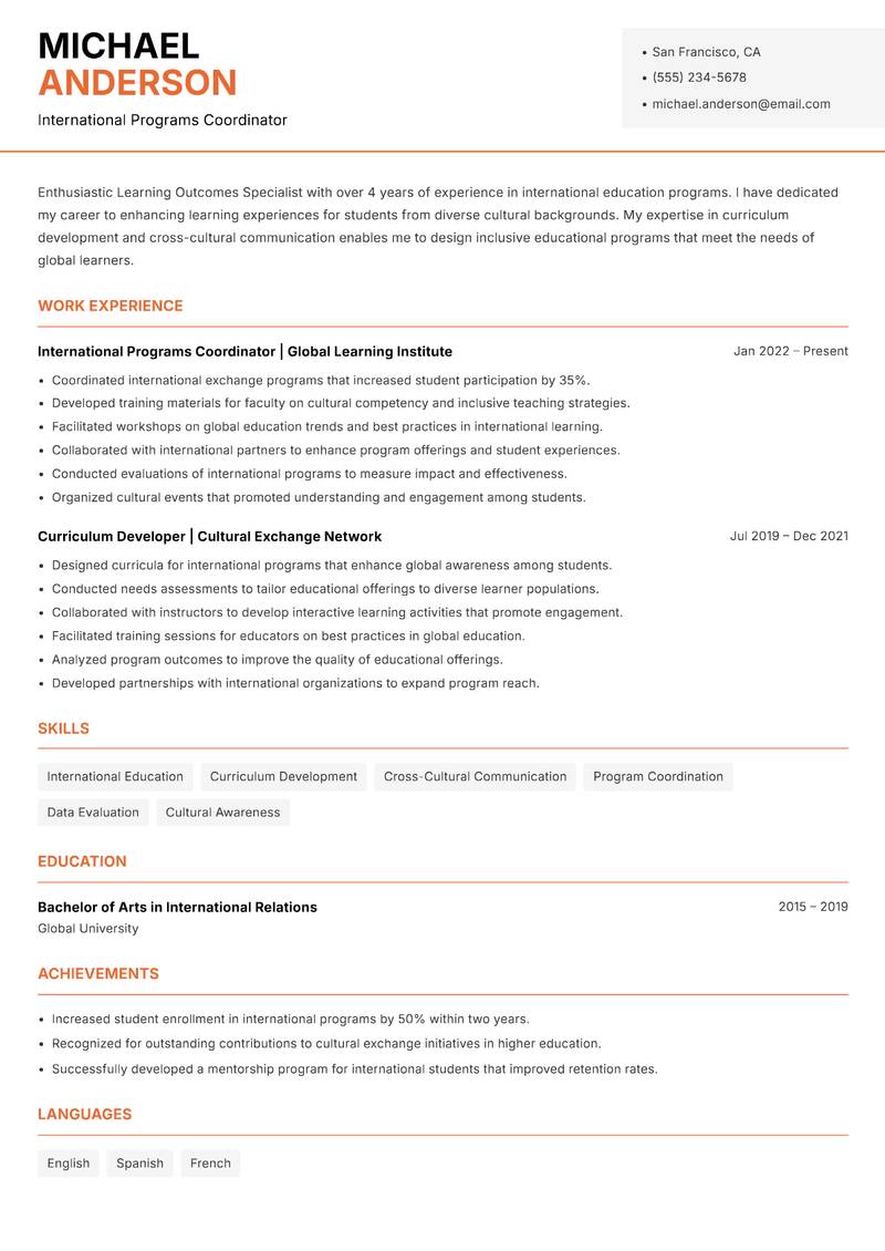 Learning Outcomes Specialist Resume Template