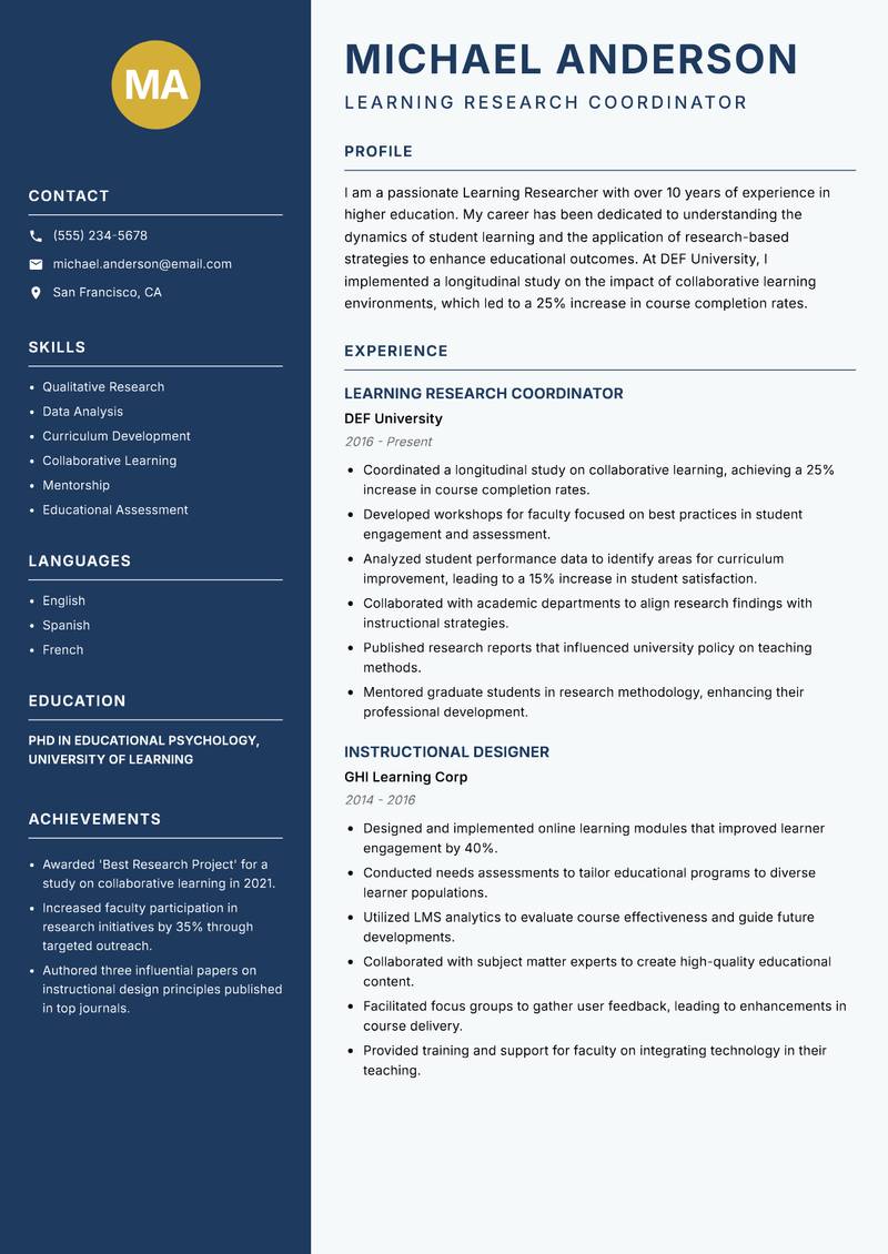 Learning Researcher Resume Preview Example