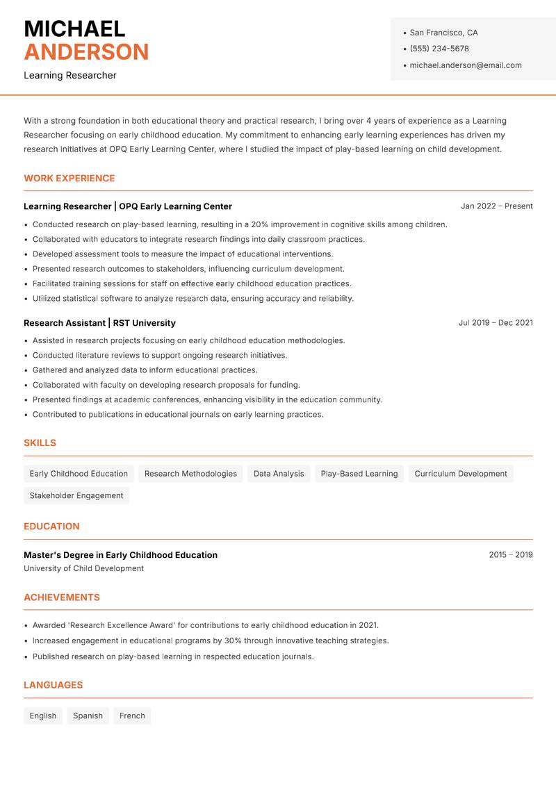 Learning Researcher Resume Template