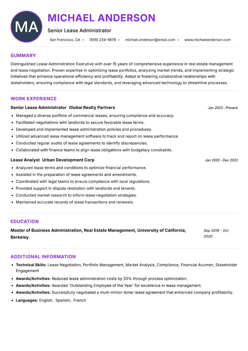 Lease Administration Executive Resume Preview Example
