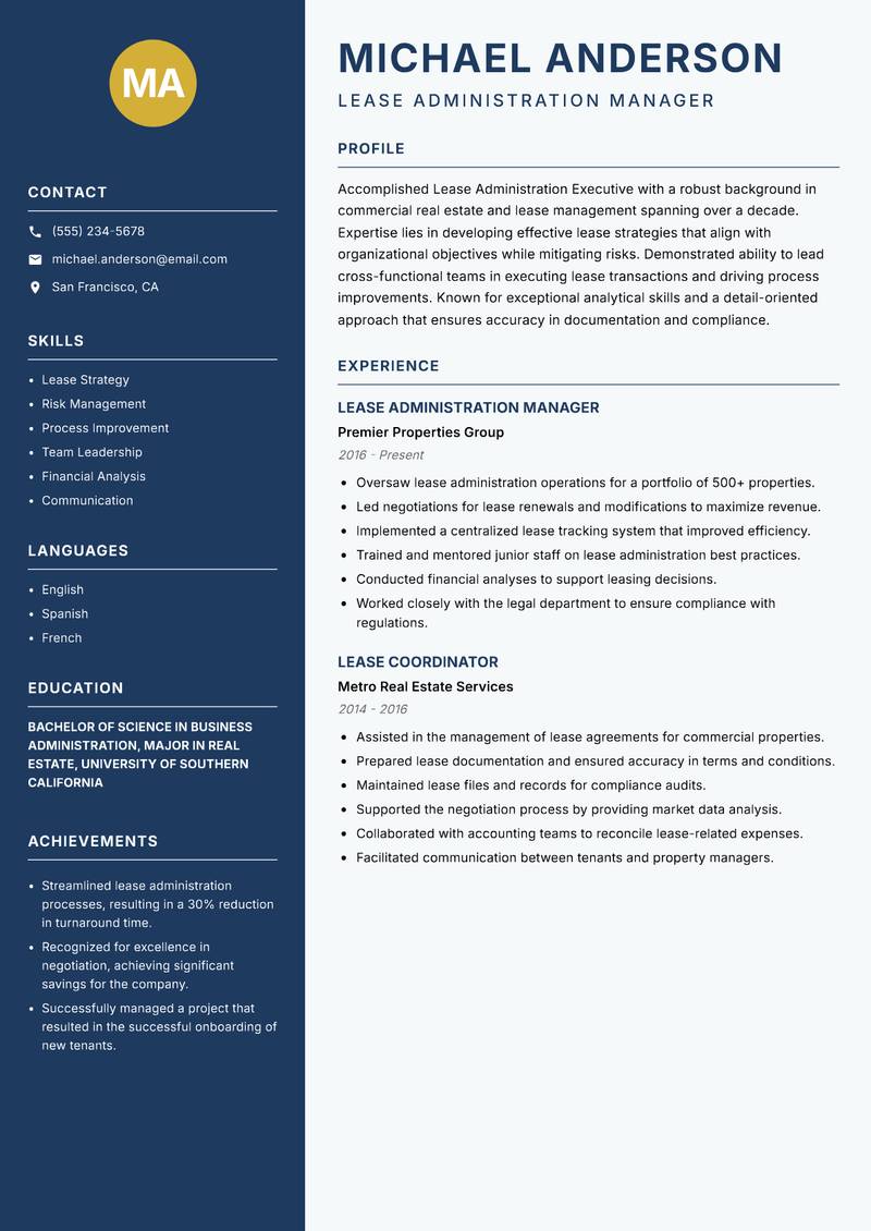 Lease Administration Executive Resume Preview Example