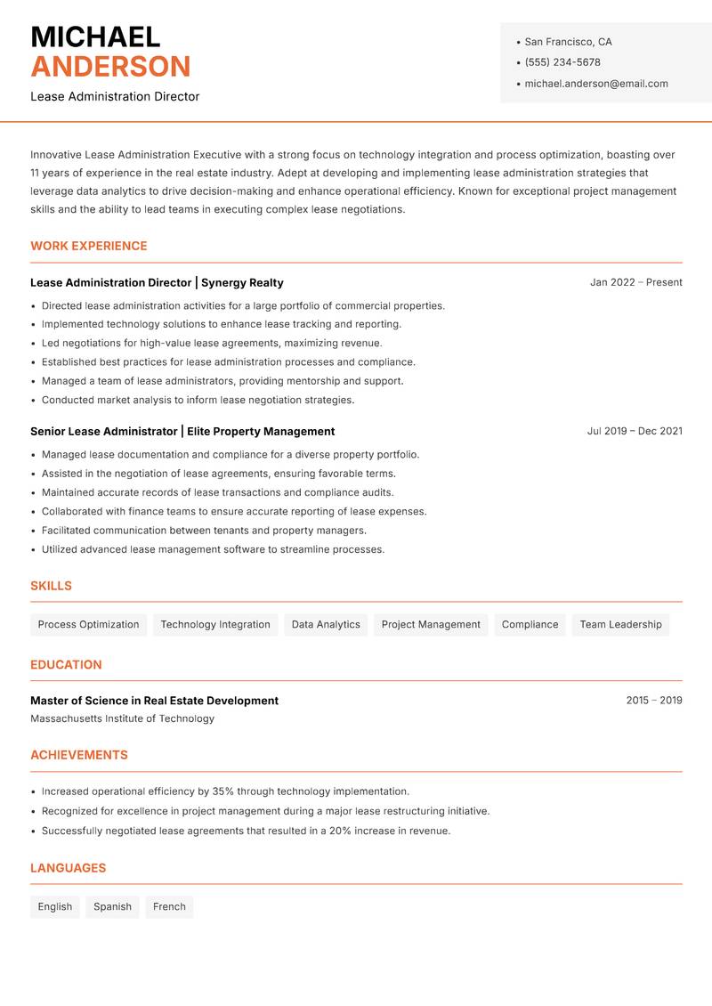Lease Administration Executive Resume Template