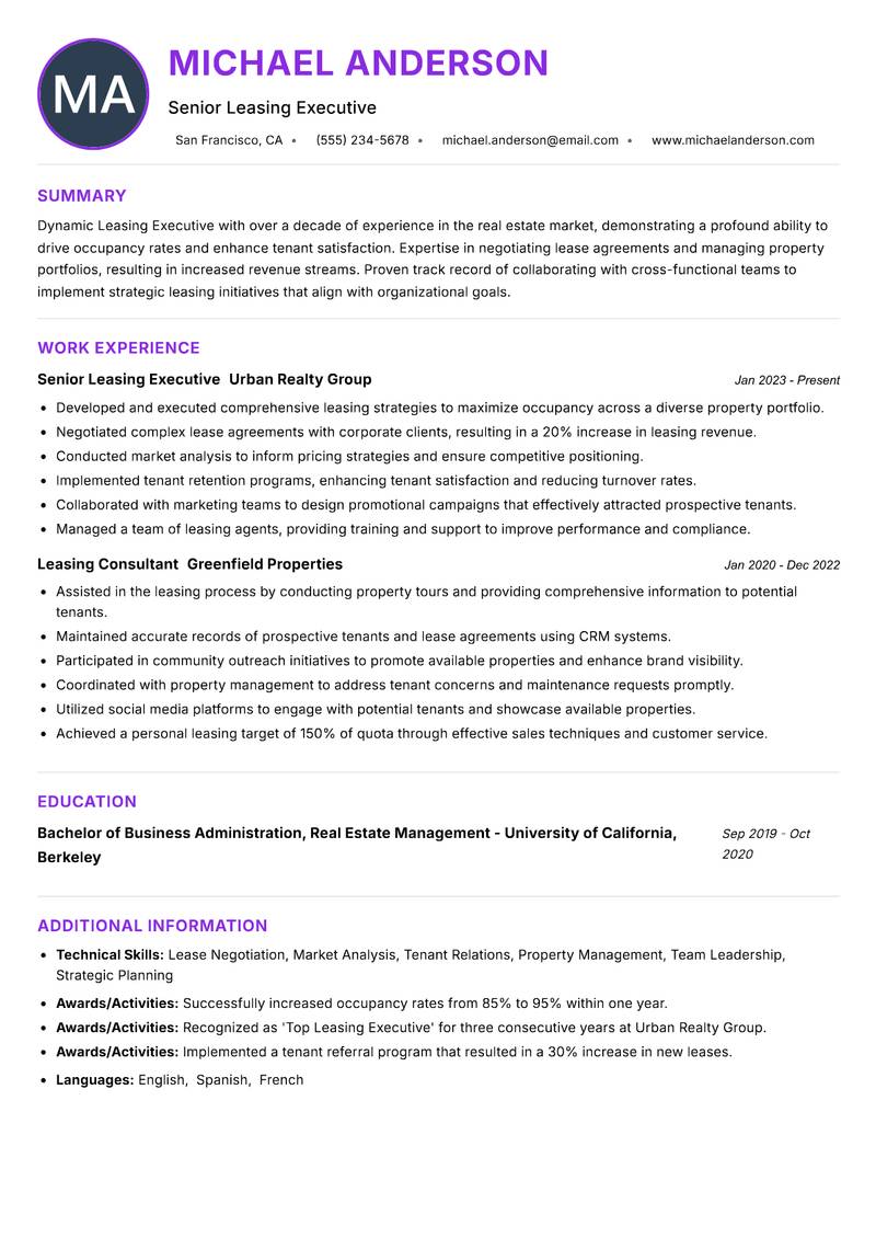 Leasing Executive Resume Preview Example