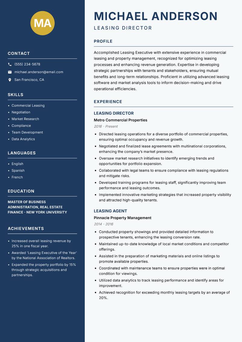 Leasing Executive Resume Preview Example