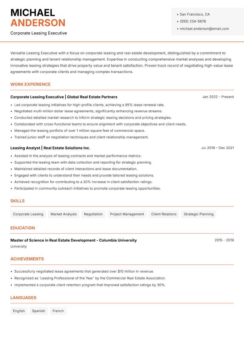 Leasing Executive Resume Template