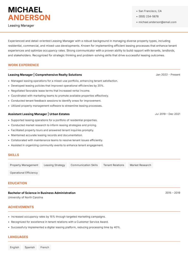 Leasing Manager Resume Template