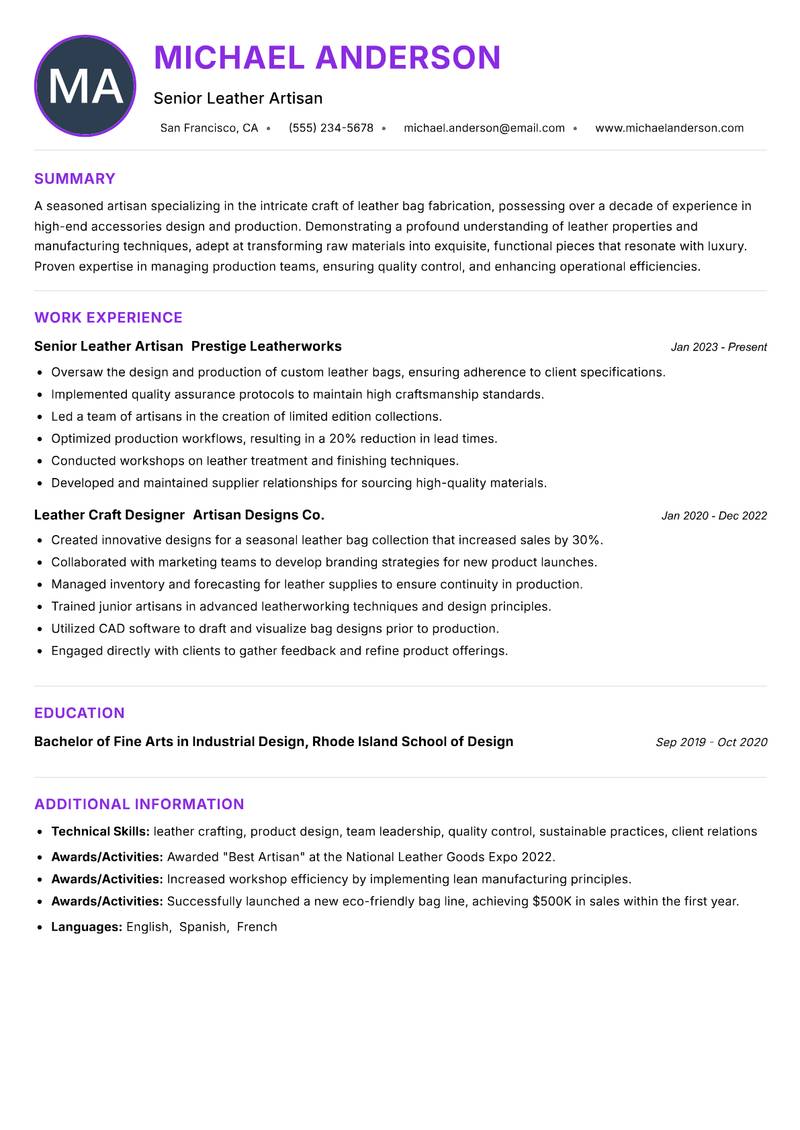 Leather Bag Maker Resume Preview Example