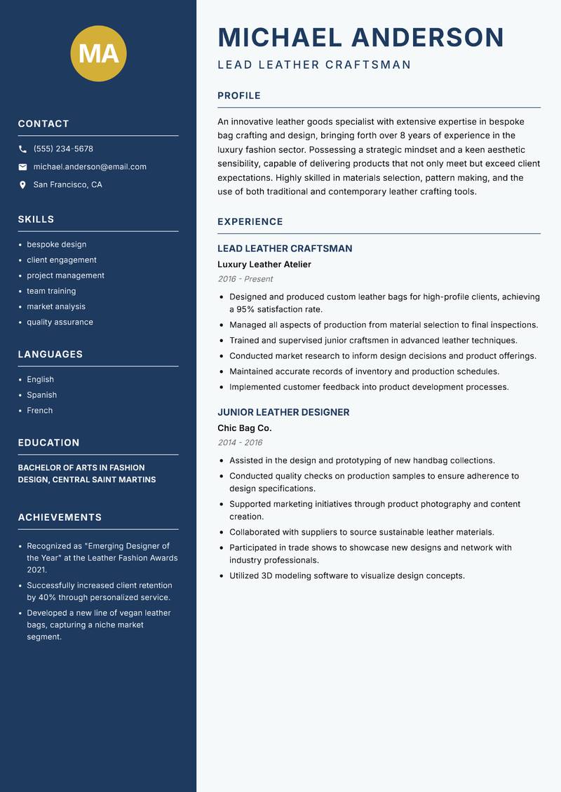 Leather Bag Maker Resume Preview Example