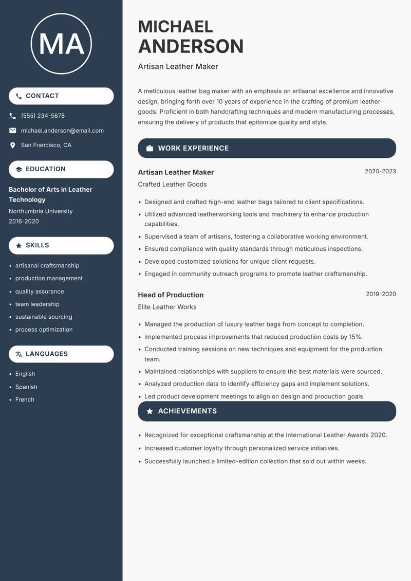 Leather Bag Maker Resume Preview Example