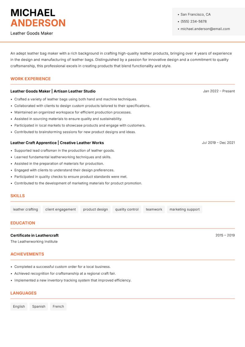 Leather Bag Maker Resume Template