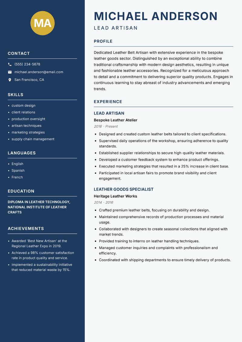 Leather Belt Maker Resume Preview Example