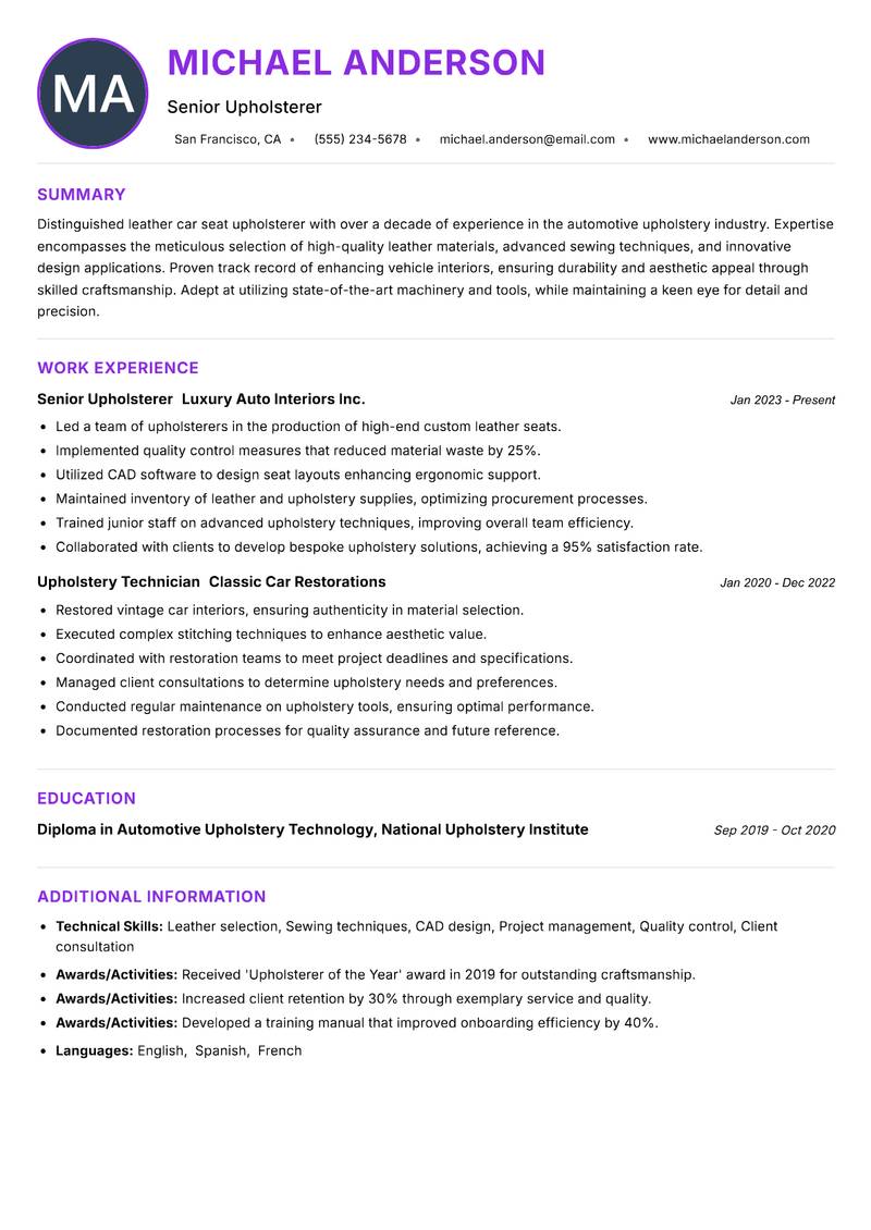 Leather Car Seat Upholsterer Resume Preview Example