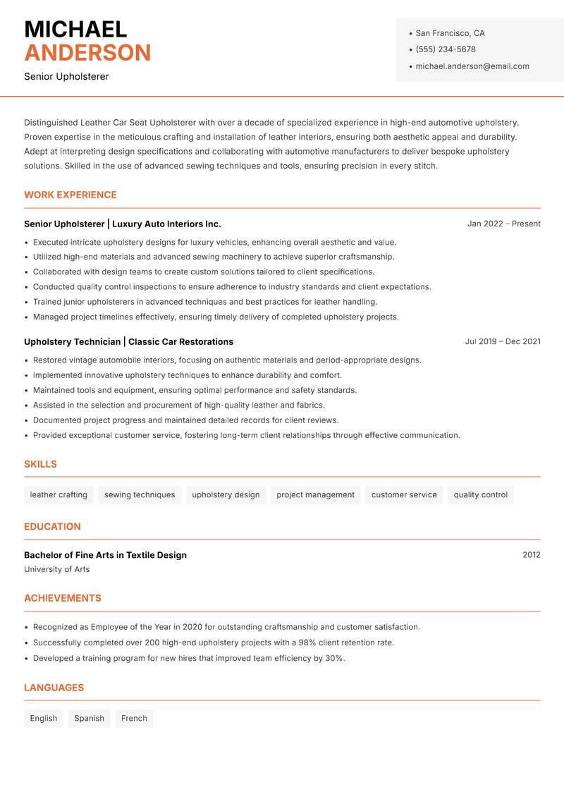 Leather Car Seat Upholsterer Resume Template
