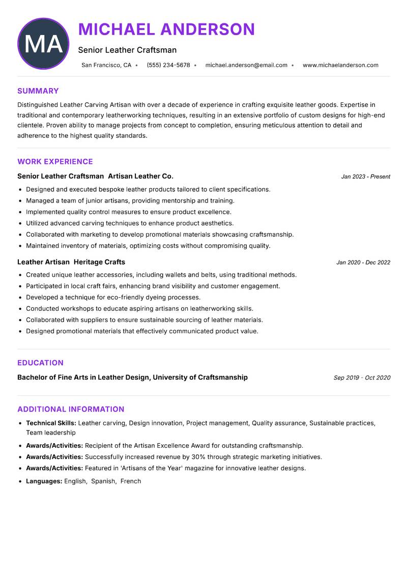 Leather Carving Artisan Resume Preview Example