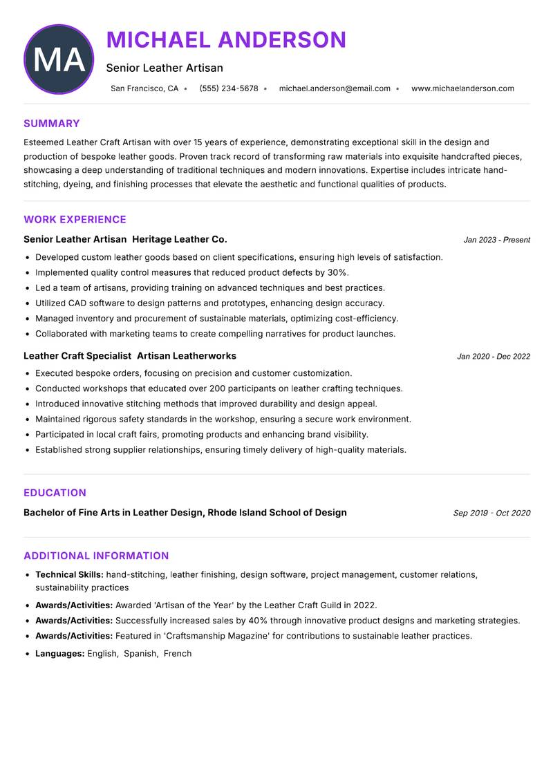 Leather Craft Artisan Resume Preview Example