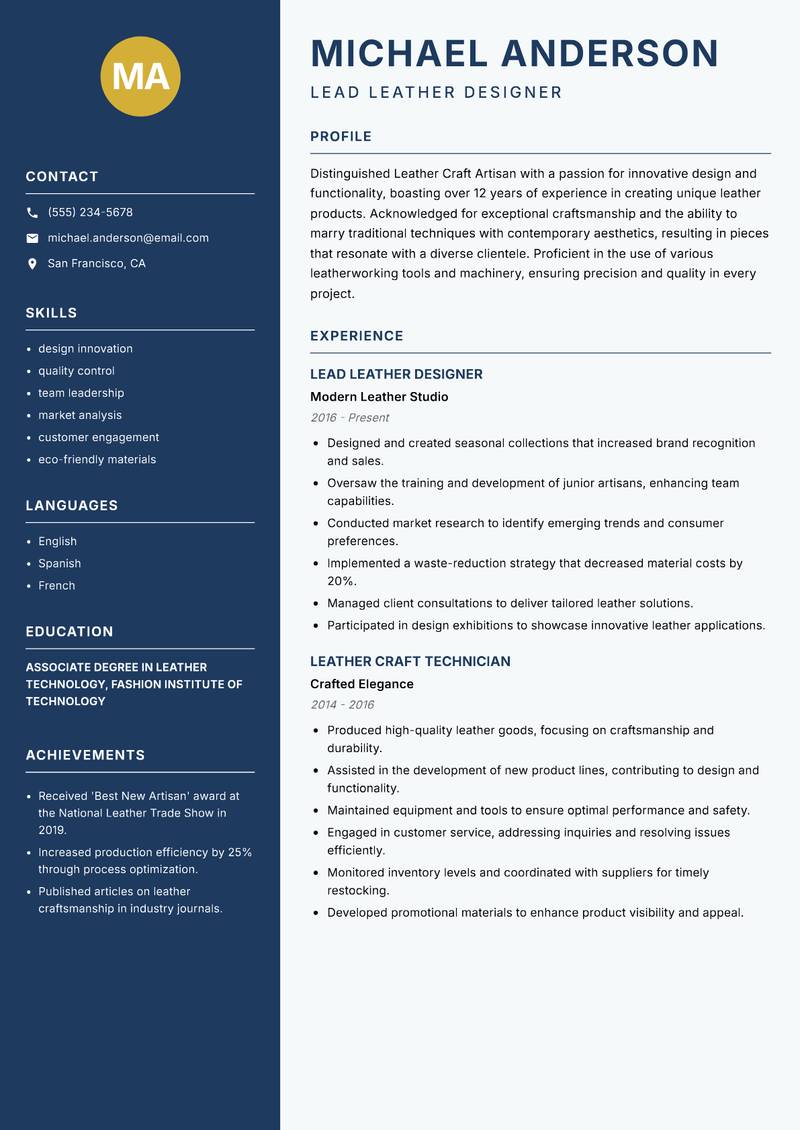 Leather Craft Artisan Resume Preview Example