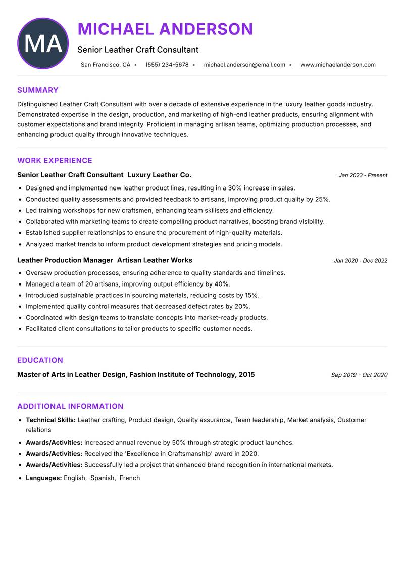 Leather Craft Consultant Resume Preview Example
