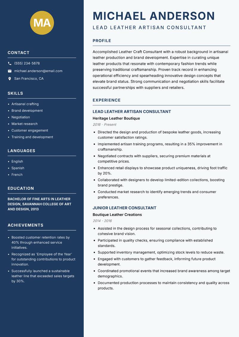 Leather Craft Consultant Resume Preview Example