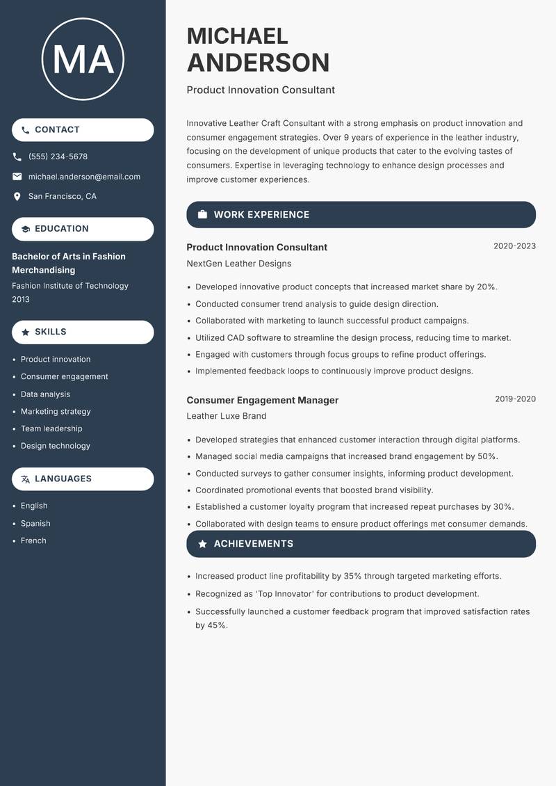 Leather Craft Consultant Resume Preview Example