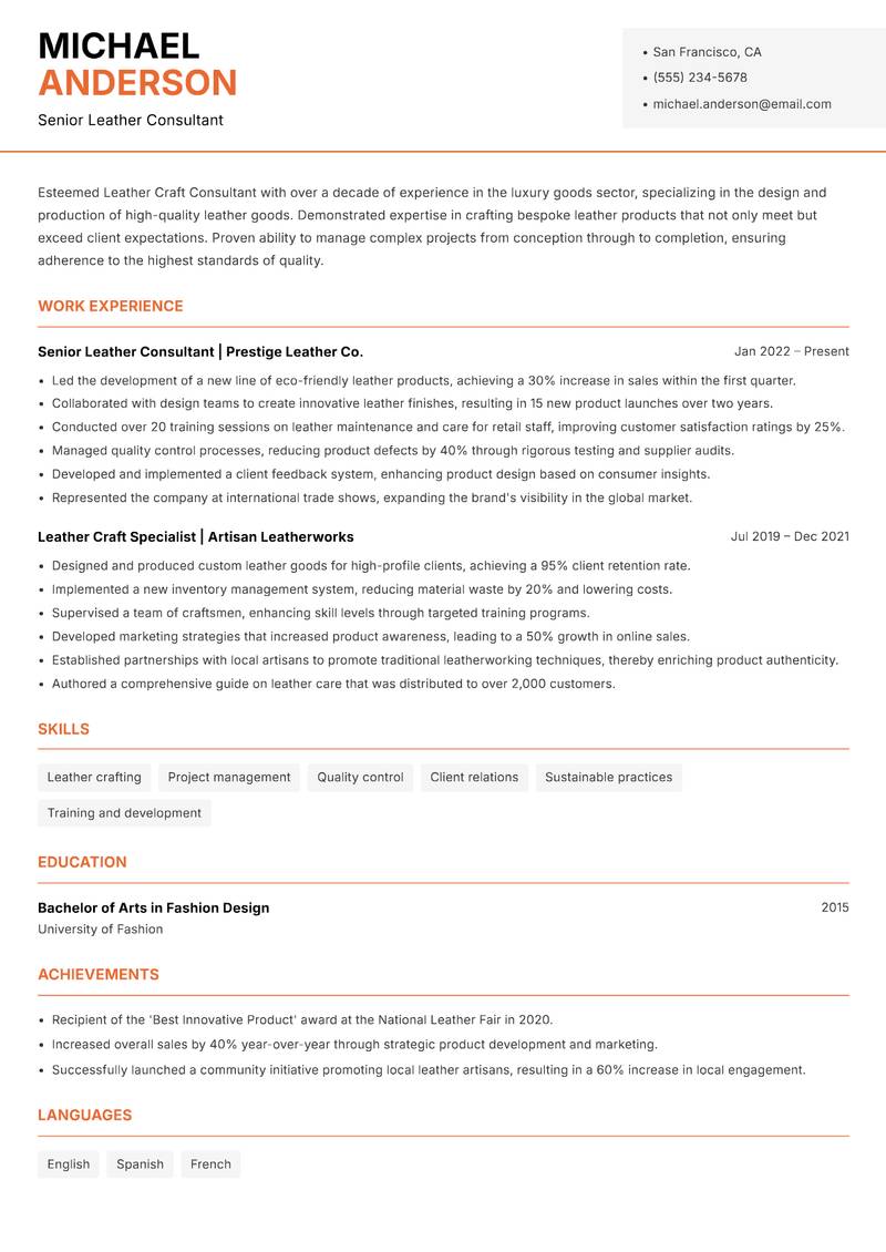 Leather Craft Consultant Resume Template