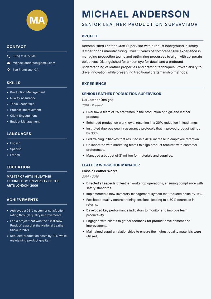 Leather Craft Supervisor Resume Preview Example
