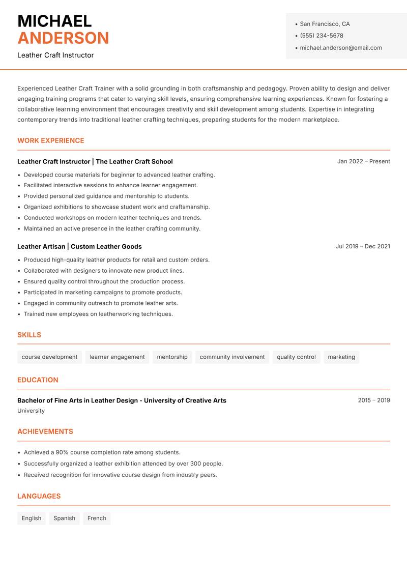 Leather Craft Trainer Resume Template