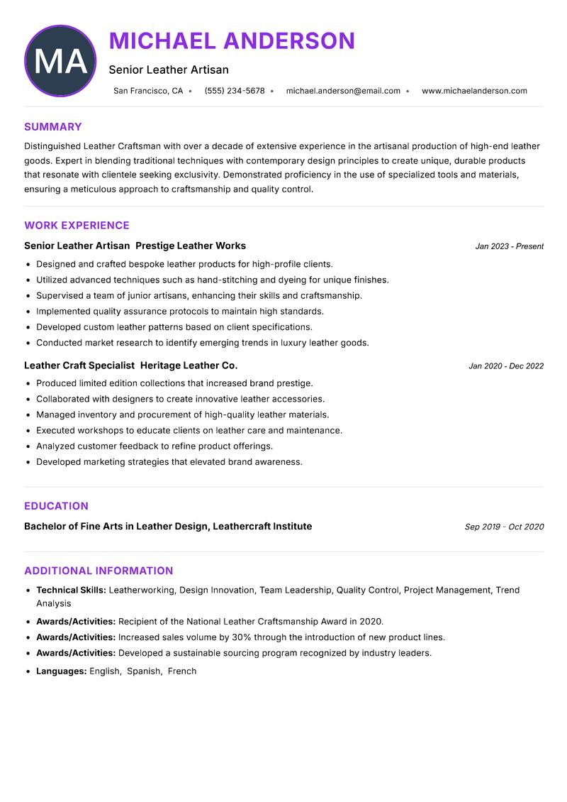 Leather Craftsman Resume Preview Example