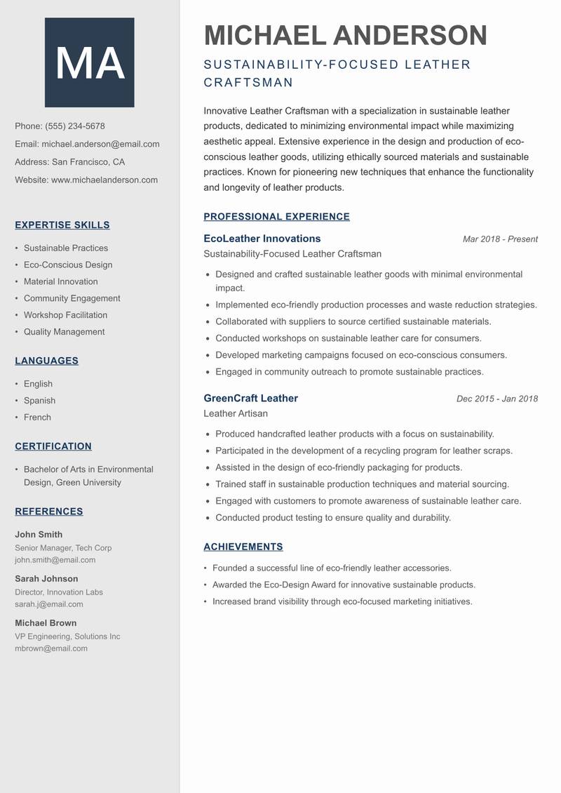 Leather Craftsman Resume Preview Example