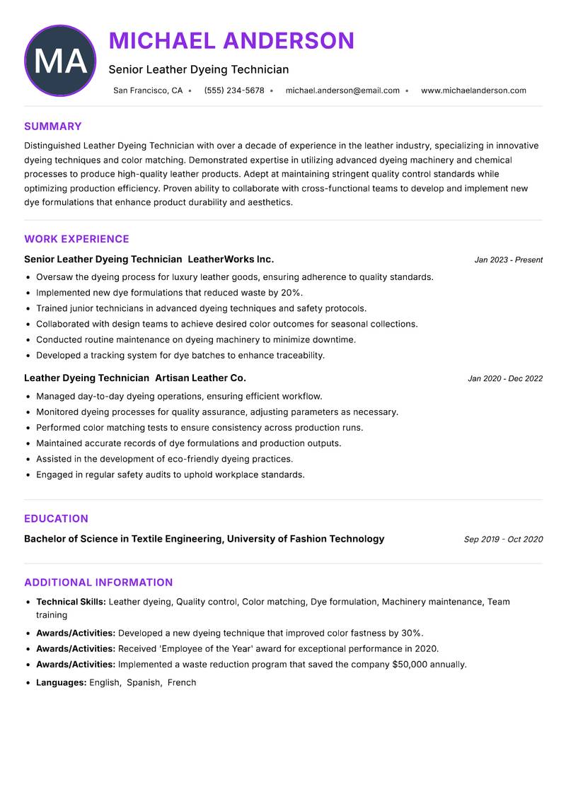 Leather Dyeing Technician Resume Preview Example