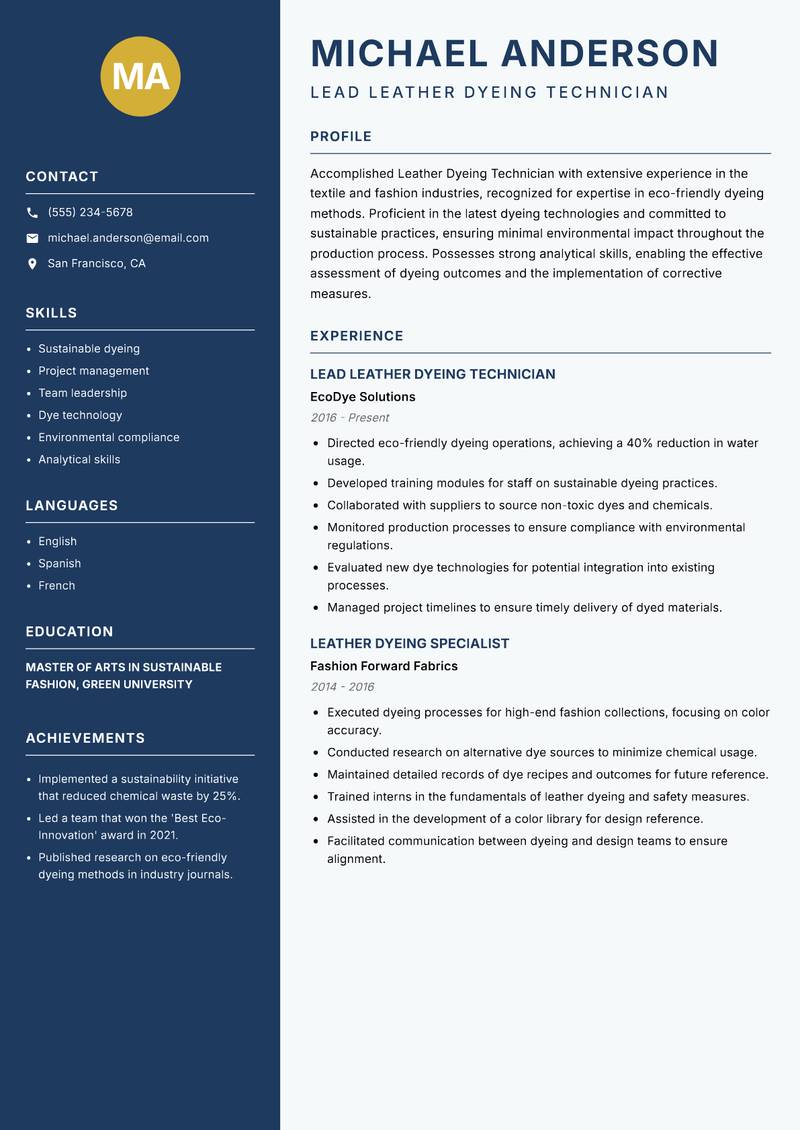 Leather Dyeing Technician Resume Preview Example